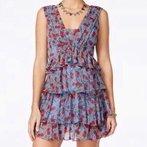 Disney Alice Looking Through the Glass Blue Floral Tiered Ruffle Dress M Retro